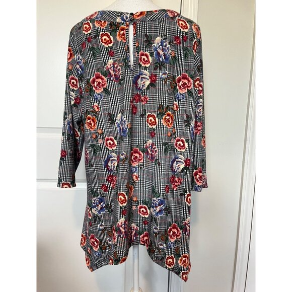 Robert Louis Womens Floral Plaid Tunic Top Size XL Cut Outs Boho Houndstooth - Picture 2 of 7